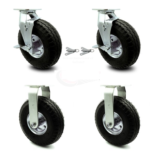 Service Caster 10 Inch Black Pneumatic Wheel Caster Swivel with Brake Swivel Lock 2 Rigid, 2PK SCC-100S3504-PNB-TLB-BSL-2-R-2 - main